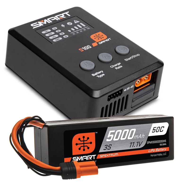 Spektrum Smart 3S Powerstage Surface Bundle: 5000mAh 3S 50C LiPo Battery (IC5) / 100W S100 Charger