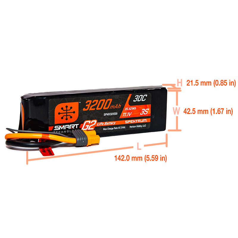 Spektrum 11.1V 3200mAh 3S 30C Smart G2 LiPo Battery: IC3