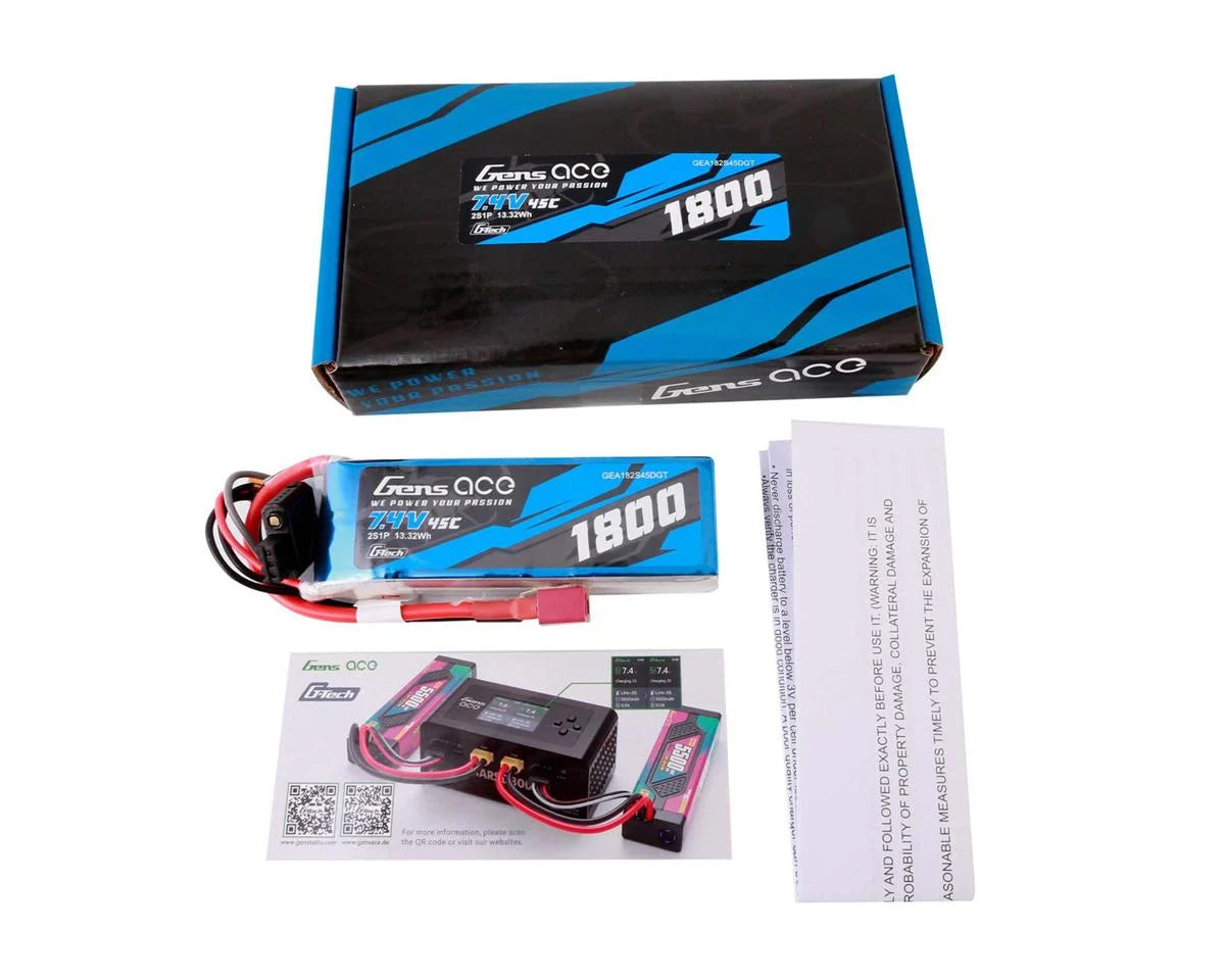 Gens Ace 2S 7.4V 1800mAh 45C G-Tech Smart LiPo Battery w/Deans Connector